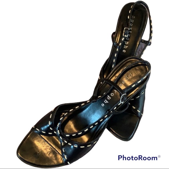 $4.99 shipping…Apostrophe black leather heels w white thread accent - Picture 1 of 3